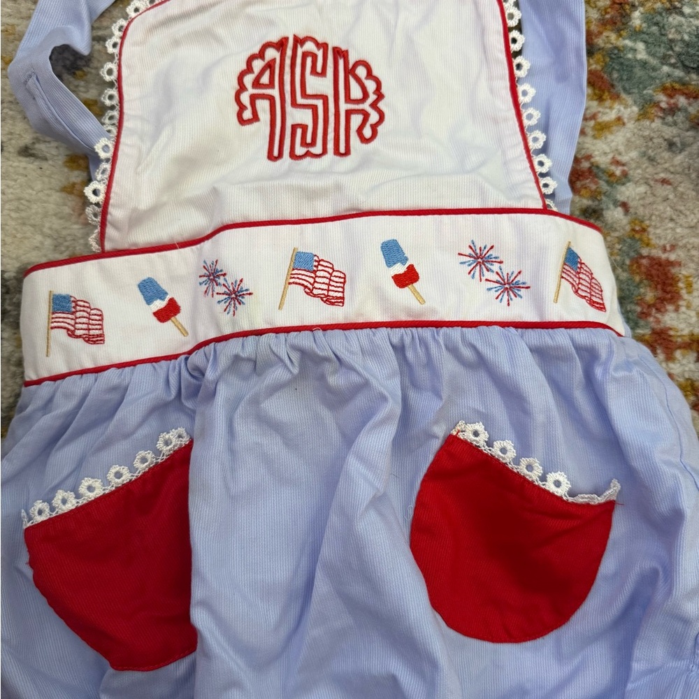 Smockingbird Patriotic Kids One Piece with Red and Blue Accents “ASK” initials